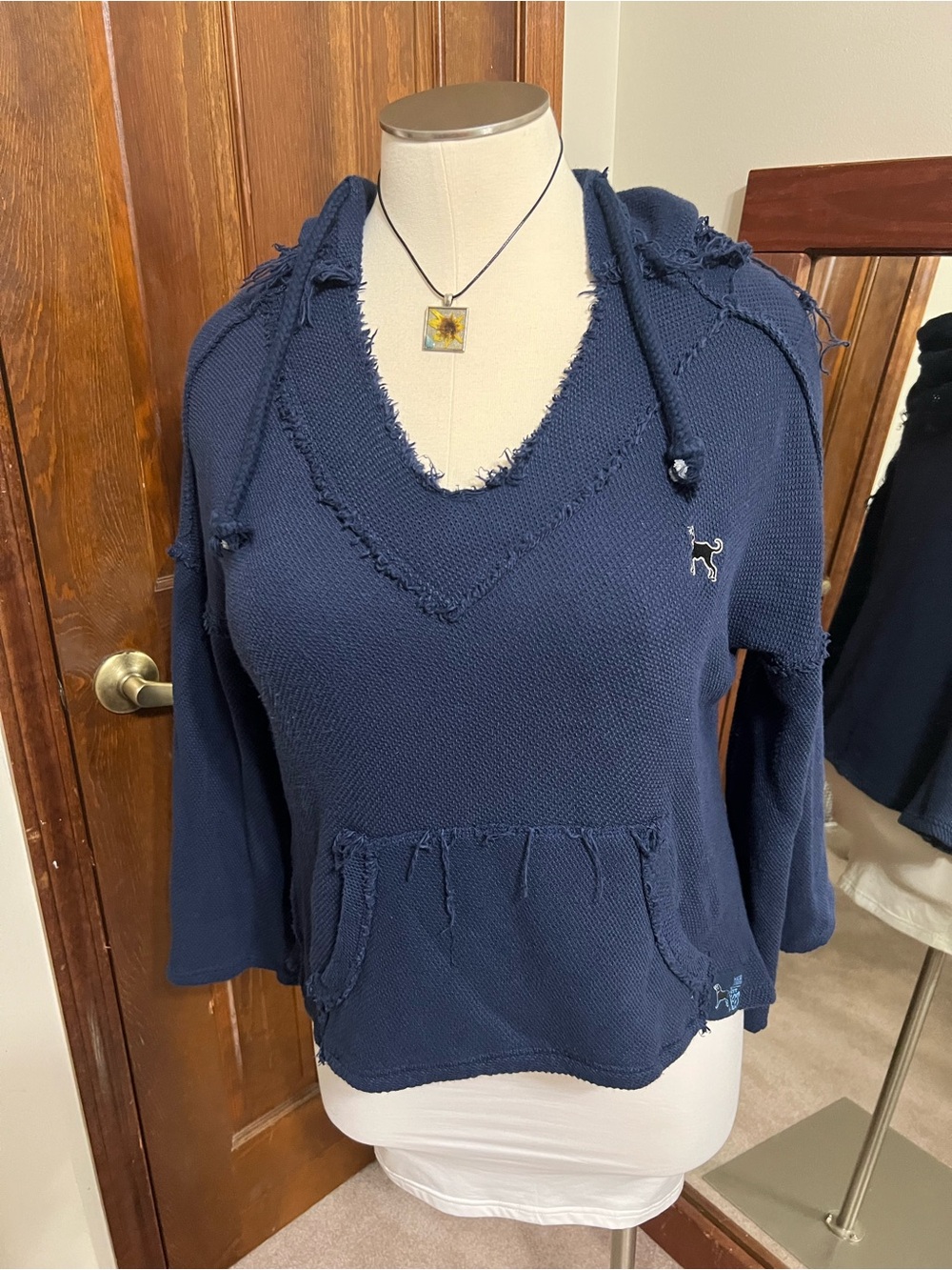 The Black Dog Brand L Navy Blue Distressed Hooded Sweater Oversized Boho Casual - Picture 2 of 9